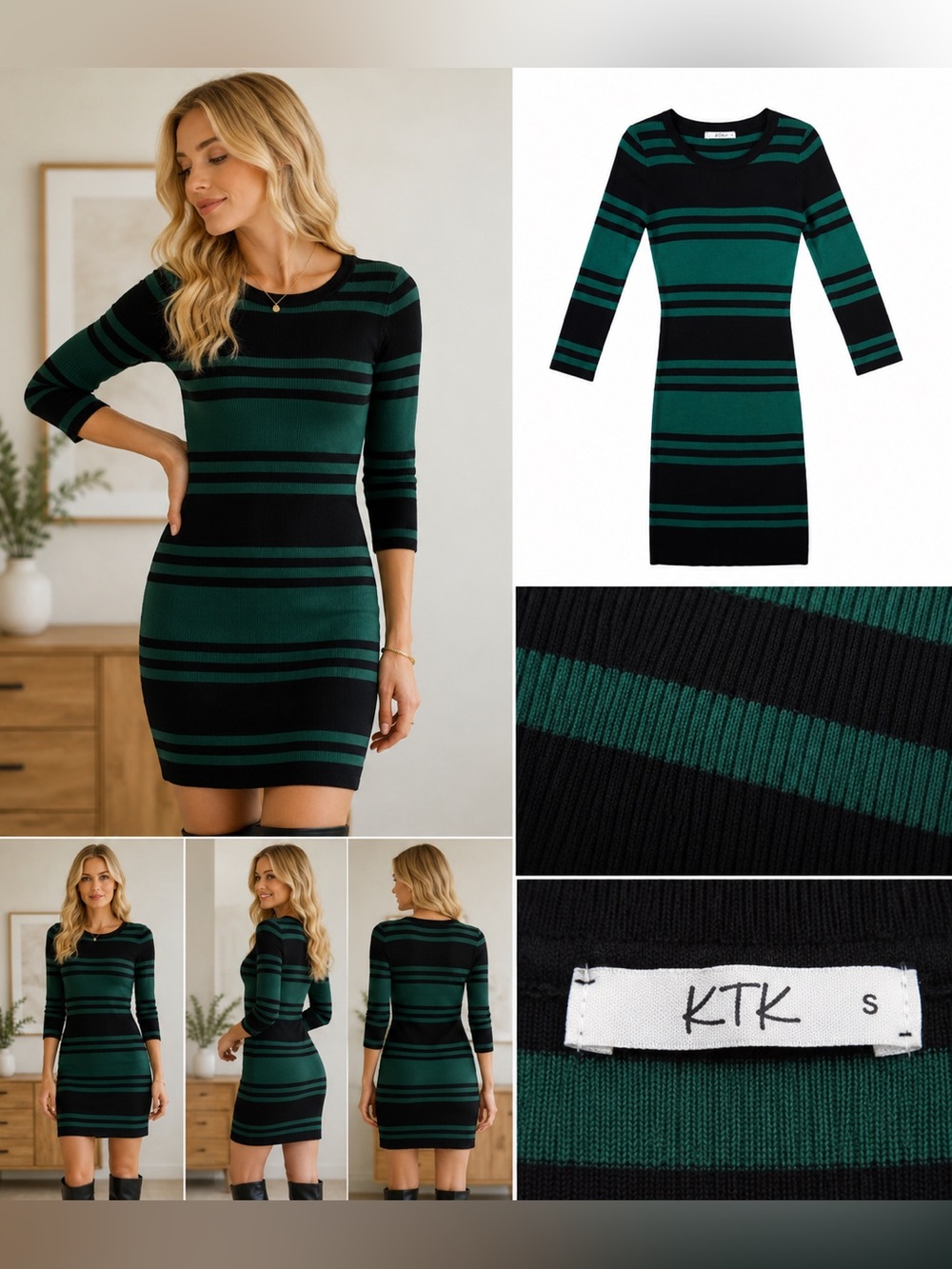 KTK Green & Black Striped Ribbed Sweater Dress Small Bodycon Knit 32.5”